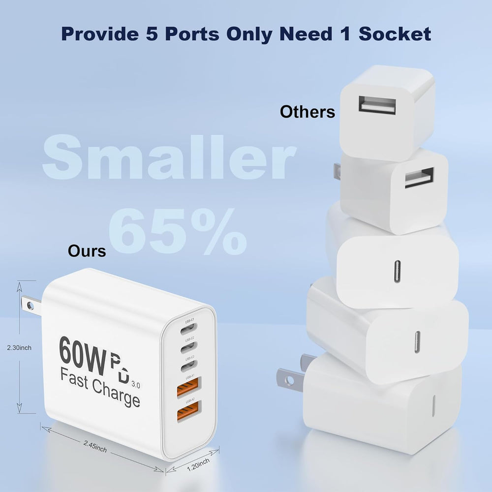 USB C Charger Block, 5 in 1 60W Charging Blocks, PD 3.0 25W Single Max Fast Charger, QC 2A USB Wall Charger for Iphone 16 15 14 13 12 11 Pro Max, Ipad, Ipod, Samsung, Airpods Pro, Apple Watch Series