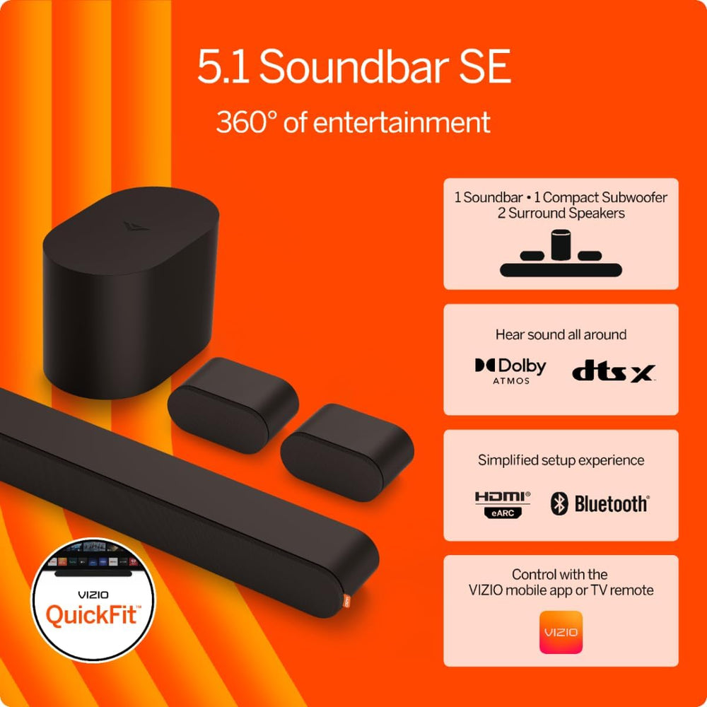 5.1 Soundbar SE, Wireless Subwoofer, Surround Sound W/Dolby Atmos & DTS:X, Bluetooth Speaker, Quickfit™ Compatible – SV510X-08 (New, 2024 Model)