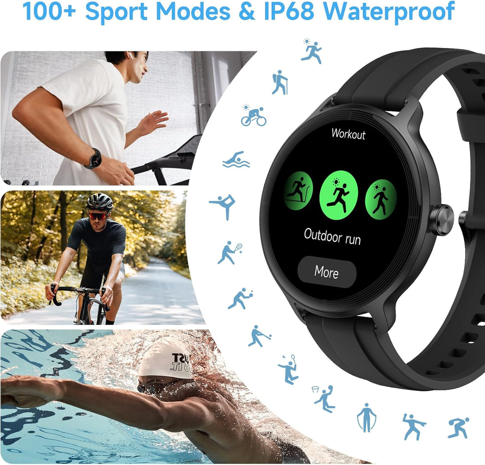 Smart Watch for Men Women, 1.27" HD Touchscreen Fitness Tracker, Bluetooth Calling, 100+ Sports Modes, Sleep Monitor, IP68 Waterproof, Compatible with Android & Iphones