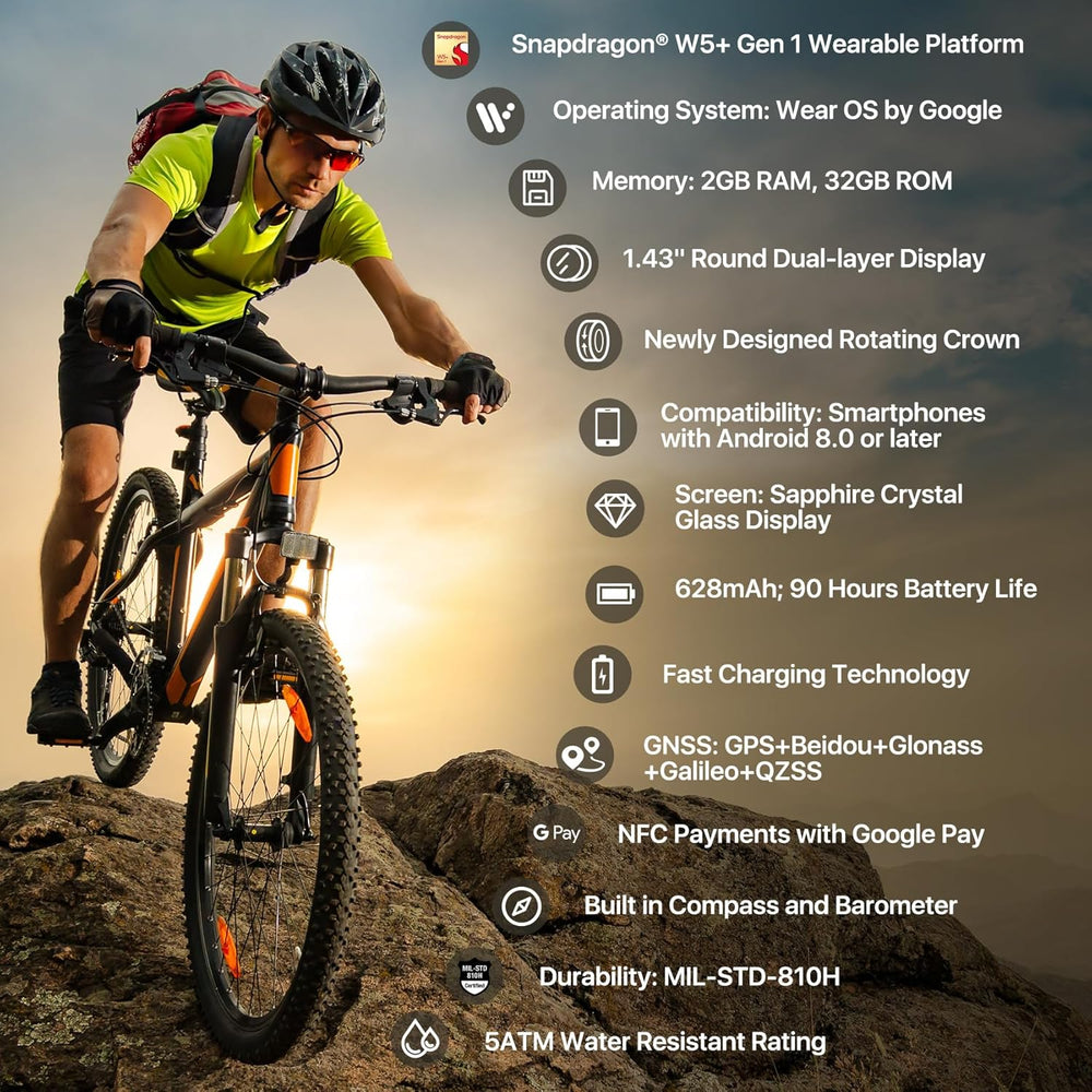 Pro 5 Enduro Smartwatch for Men 1.43" Android Wear OS Smart Watch 90 Hrs Battery 110+ Workout Modes Health Fitness Tracker Outdoor 5ATM GPS Compass Not Compatible with Iphone