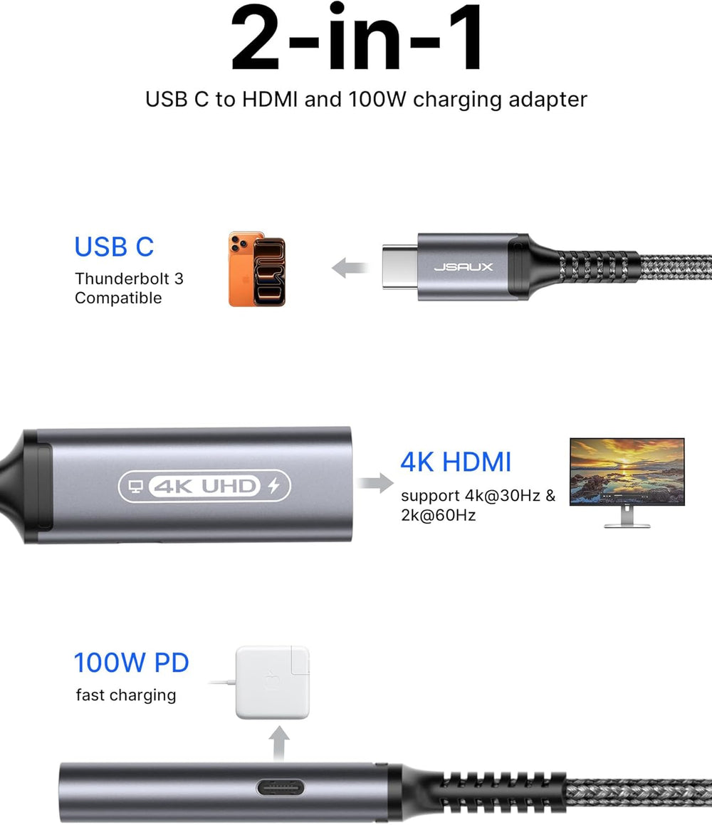 USB C to HDMI with PD Charger Adapter, 2-In-1 Type C to HDMI 4K@30Hz/100W Charging Compatible with Iphone 17 Pro Max/Air/ 16 Pro Max/15 Pro Max,Samsung S24/S23,Macbook,Dell,Steam Deck,Rog Ally