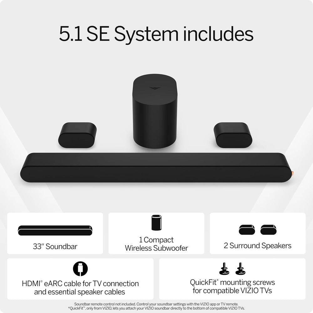 5.1 Soundbar SE, Wireless Subwoofer, Surround Sound W/Dolby Atmos & DTS:X, Bluetooth Speaker, Quickfit™ Compatible – SV510X-08 (New, 2024 Model)