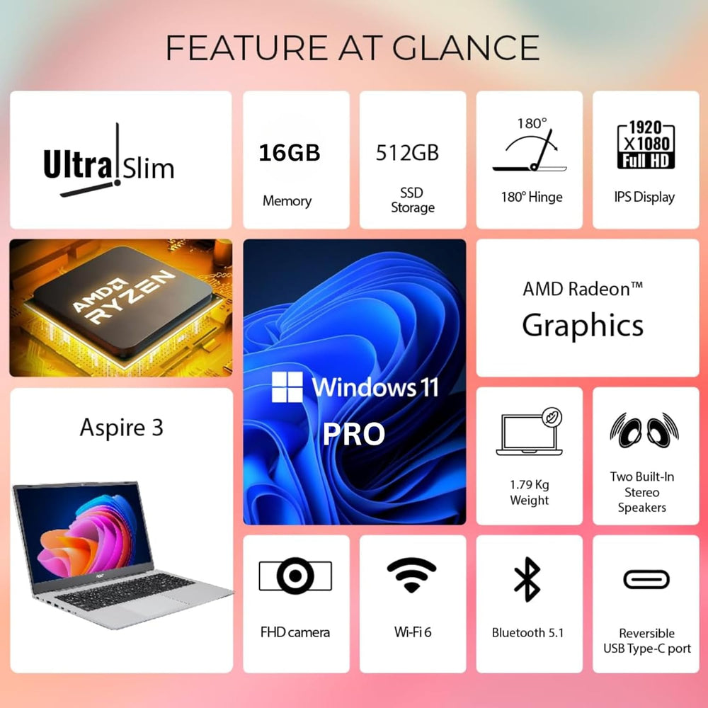 Aspire Premium Slim Laptop - 15.6" Full HD IPS 1080P Display - AMD Ryzen 3 7330U Quad-Core Processor - 16GB RAM - 256GB Nvme SSD - Webcam - Wi-Fi 6 - Windows 11 Pro - W/O Mouse
