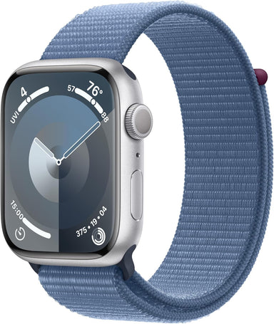 Watch Series 9 [GPS 45Mm] Smartwatch with Silver Aluminum Case with Winter Blue Sport Loop. Fitness Tracker, Blood Oxygen & ECG Apps, Always-On Retina Display, Carbon Neutral
