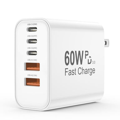 USB C Charger Block, 5 in 1 60W Charging Blocks, PD 3.0 25W Single Max Fast Charger, QC 2A USB Wall Charger for Iphone 16 15 14 13 12 11 Pro Max, Ipad, Ipod, Samsung, Airpods Pro, Apple Watch Series