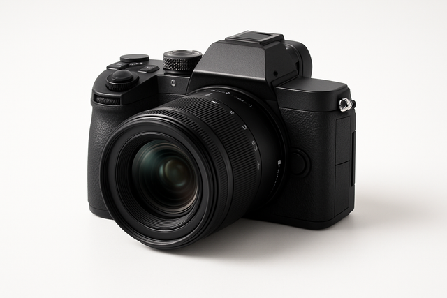 Create an ad photo of a digital camera with a white background