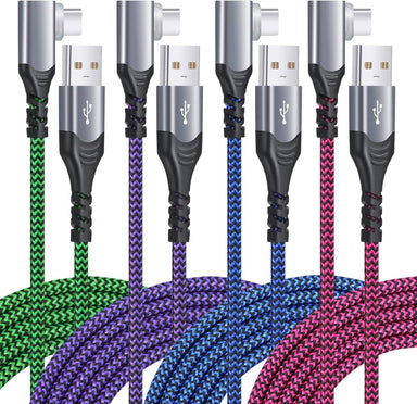 90 Degrees USB Type C Cable, [10Ft] 4-Pack Right Angle Fast Charger Cord Compatible with Iphone 16/15, Galaxy S24/S23/A15/A03S/S10/S9/S8/Note,Pixel,Android-Blue,Green,Purple,Hotpink
